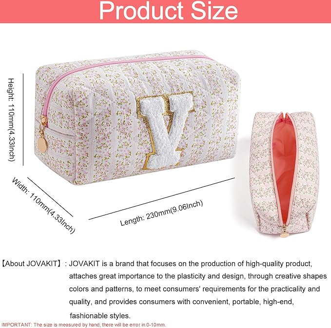 JOVAKIT Alphabet Makeup Bag Cosmetic Bag for Women, Christmas Gifts for Girls Age 6-18, Floral Flowers Coquette Travel Toiletry Zipper Make Up Pouch Organizer Trendy Stuff (Pink Floral V)