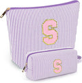 mibasies 2 PCS Initial Makeup Bags for Women: - Birthday Gifts for Teen Girls 11 12 13 14 15 16 Years Old - Preppy Trendy Stuff - Cosmetic Bag for Travel Toiletry - Purple S