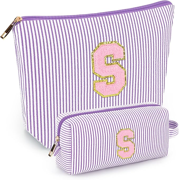mibasies 2 PCS Initial Makeup Bags for Women: - Birthday Gifts for Teen Girls 11 12 13 14 15 16 Years Old - Preppy Trendy Stuff - Cosmetic Bag for Travel Toiletry - Purple S