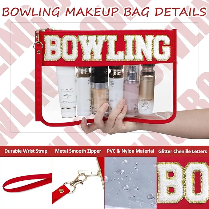 2 Pcs Bowling Gifts Makeup Bag with Chenille Letter Patch, Clear Cosmetic Pouch PVC Organizer Purse, Waterproof Travel Bag, Portable Toiletry Storage Bag for Her Girls Friends Women