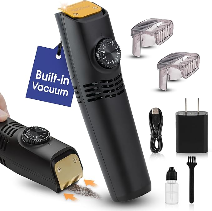 Vacutrim Cordless Mens Beard Trimmer, Rechargeable Electric Shaver with 20 Trim Setting Calibration Dial and Built-in Vacuum for Mustache, Sideburns. Facial Hair, Black, 7.5", As Seen On TV