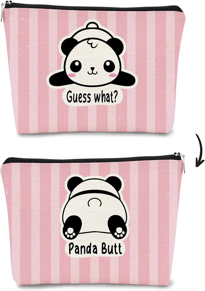 Panda Gifts Makeup Bag for Women Girls, Cute Baby Panda 'Guess What It's Pug Butt' Cosmetic Case for Teens Daughter, Accessories (Pink Stripe)