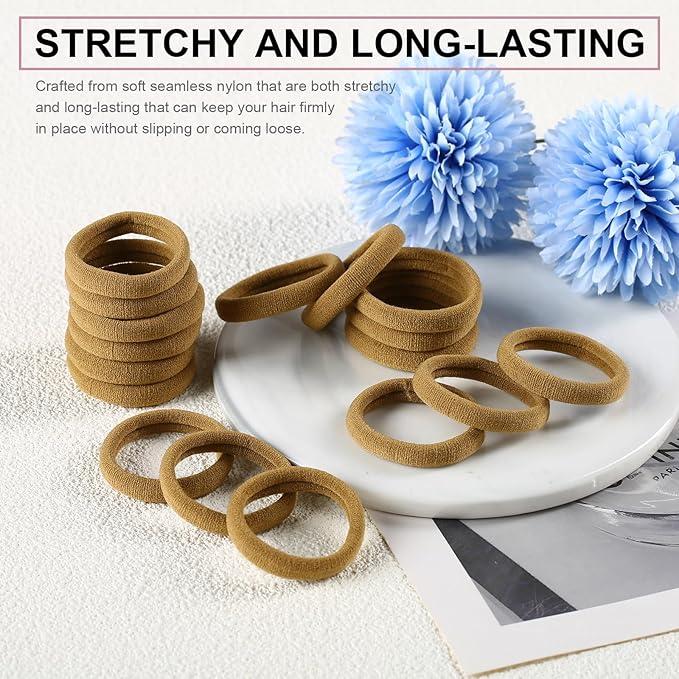 LuSeren 120 Pcs No Damage Hair Ties for Thick Hair, Large Soft Seamless Nylon Hair Elastics for Women, Ponytail Holders, Hair Accessories – Light Brown