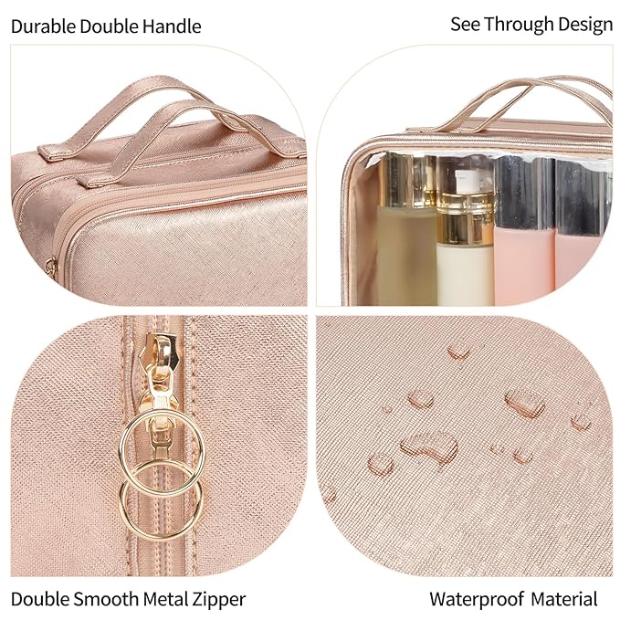 OCHEAL Clear Makeup Bag, Double Layer Cosmetic Bag, Large Capacity Minimalist Cosmetic Case for Women Travel Beauty Essentials, Multiple Compartments Makeup Case Organizer Zipper Pouch -Rose Glod