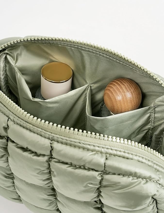 Yarnic Quilted Makeup Bag Cosmetic Bag, Small Puffer Makeup Pouch Soft Puffered Make up Pocket Travel Toiletry Bag for Women, Cute Makeup Bag Organizer (S, Sage Green)