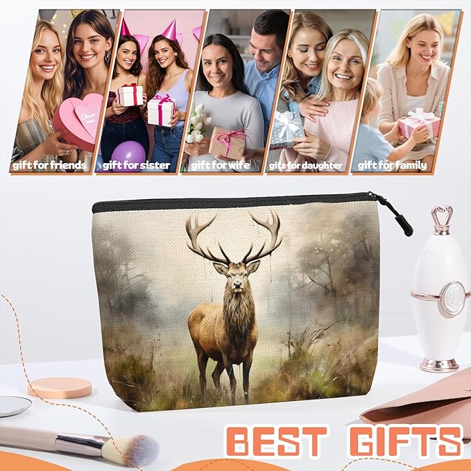 Cosmetic Bags Travel Makeup Toilet Case Waterproof Pouch for Women Girls 6.7X9.45inches - Stag in A Misty Forest Landscape
