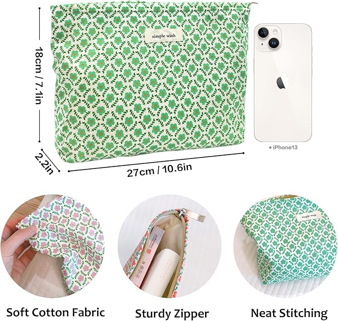STARDW Aesthetic Floral Makeup Bag Cute Small Cosmetic Bags for Women Girls, Travel Toiletry Bag Large Capacity Zipper Makeup Pouch, Purse Organizer Pouches (Green Flora)