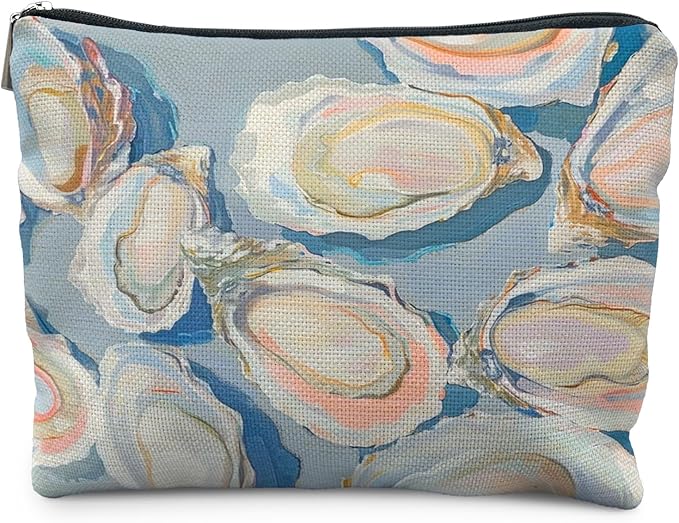 Abstract Blue Oyster Beach Makeup Bag, Oyster Gifts Cosmetic Bags for Women, Gifts for Beach Ocean Lovers, Coastal Pastel Oysters Shell Zipper Makeup Pouch