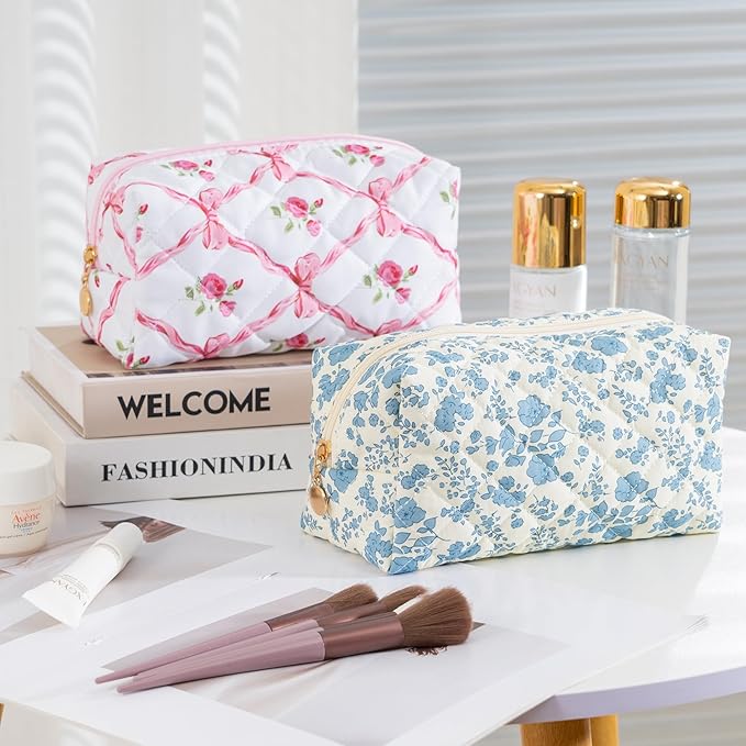 Makeup Bag Travel Toiletry Bag for Women, Small Cosmetic Bags Cute Quilted Cotton Makeup Pouch for Purse Emergency Bag for School Floral Pencil Case Accessory Bag, Blue