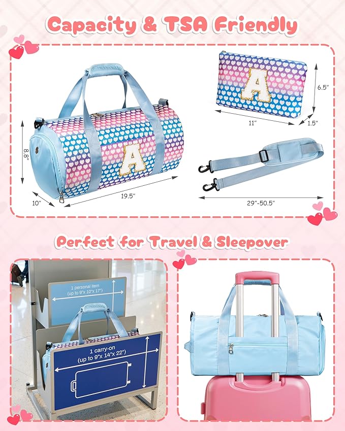 10 Year Old Girl Birthday Gifts, Girls Travel Duffel Bag, Kids Initial Overnight Bags with Shoe Compartment, Initial Duffle Bag with Makeup Pouch, Gift for Grandkids Teens (Letter E)