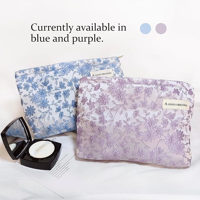 STARDW Aesthetic Floral Makeup Bag Cute Small Cosmetic Bags for Women Girls, Travel Toiletry Bag Large Capacity Zipper Makeup Pouch, Purse Organizer Pouches (Embroidery Purple)
