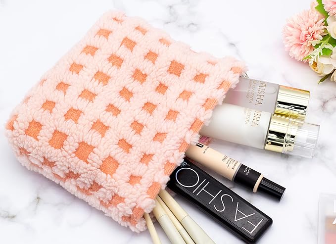Makeup Bags for Purse Zipper Cosmetic Pouch Large Travel Make Up Organizer Tool Pouch for Women and Girls,Fleece Pink