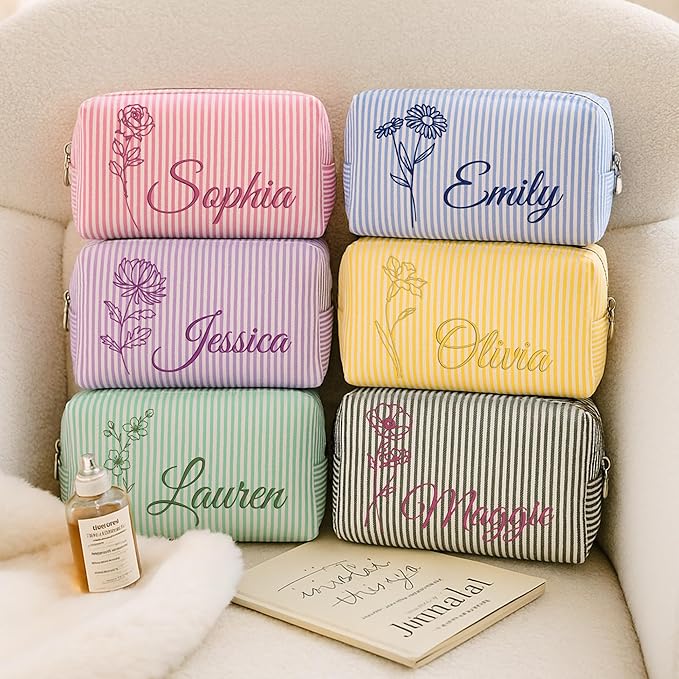 Personalized Seersucker Makeup Bag with Embroidered Name&Birth Flower,Custom Small Travel Cosmetic Bag Toiletry Bag Wedding Gifts for Bridesmaid Bride (Makeup Bag with Birth Flower)
