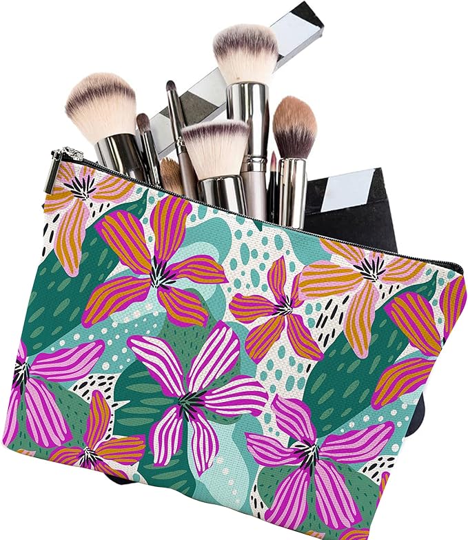 Makeup Bag Abstact Tropical Flowers Cosmetic Bag Mini Portable Travel Toiletry Bag Organizer Makeup Brushes Aesthetic Accessories Waterproof Storage Bag for Women