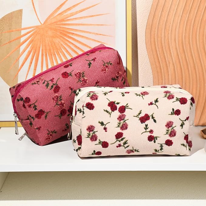 SOIDRAM 2 Pieces Makeup Bag Floral Cosmetic Bag Purple Blue Makeup Pouch Travel Toiletry Bag Organizer Cute Makeup Brushes Storage Bag for Women, White&Pink Rose
