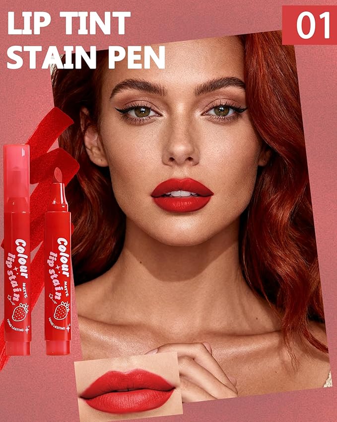 Lip Tint Stain Pen, Orange Red Waterproof Long Lasting Matte Lip Liner Stain Pencil, High-Pigmented Quick Dry Liquid Lipstick, Non Sticky Smudgeproof Lip Tint Gloss, Christmas Makeup Gift for Women-01