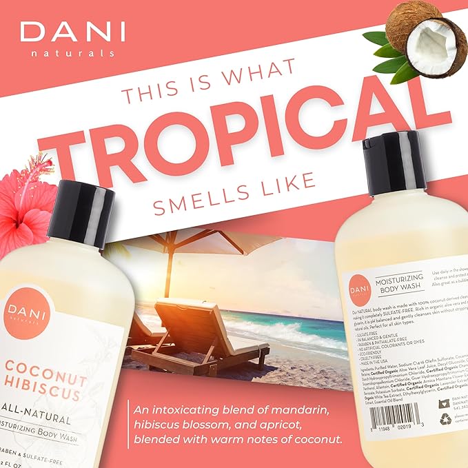 DANI Naturals Moisturizing Body Wash - Tropical Coconut Hibiscus Scent with Organic Aloe Vera & Natural Glycerin - Paraben & Sulfate-Free Shower Gel - 12 oz - Vegan & Cruelty-Free