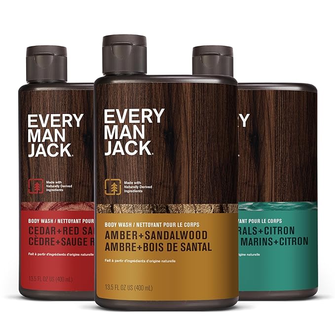 Every Man Jack Men's Body Wash Variety Pack - Includes 3 Body Washes with Natural Ingredients & Incredible Scents - Amber + Sandalwood, Cedar + Red Sage, Sea Minerals + Citron Fragrances (3 Pack)