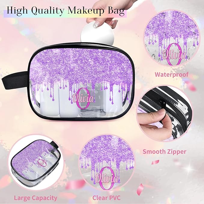 Personalized Travel Cosmetic Bag Waterproof Makeup Bags, Custom Name Clear PVC Organizer Case Toiletries Container Bag, Romantic Purple Curtain Glittering