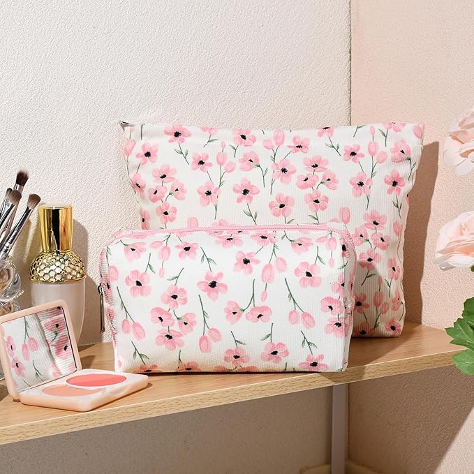 SOIDRAM 2 Pieces Flower Makeup Bag Large Floral Cosmetic Bag Capacity Canvas Mix Travel Toiletry Bag Organizer Cute Makeup Brushes Aesthetic Accessories Storage Bag for Women, Flower Mix Pink