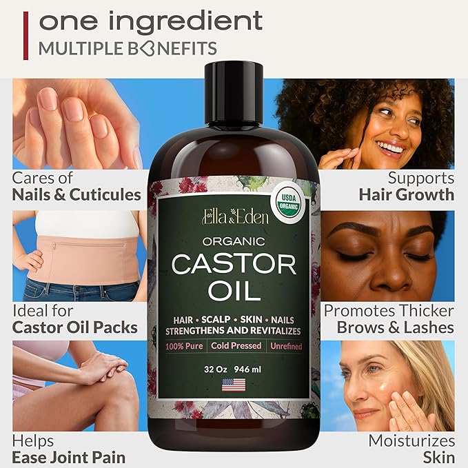 Ella & Eden Organic Castor Oil – Cold-Pressed Hexane-Free Unrefined - For Hair Growth, Skin and Face - USDA Certified & 100% Pure - 32 fl oz