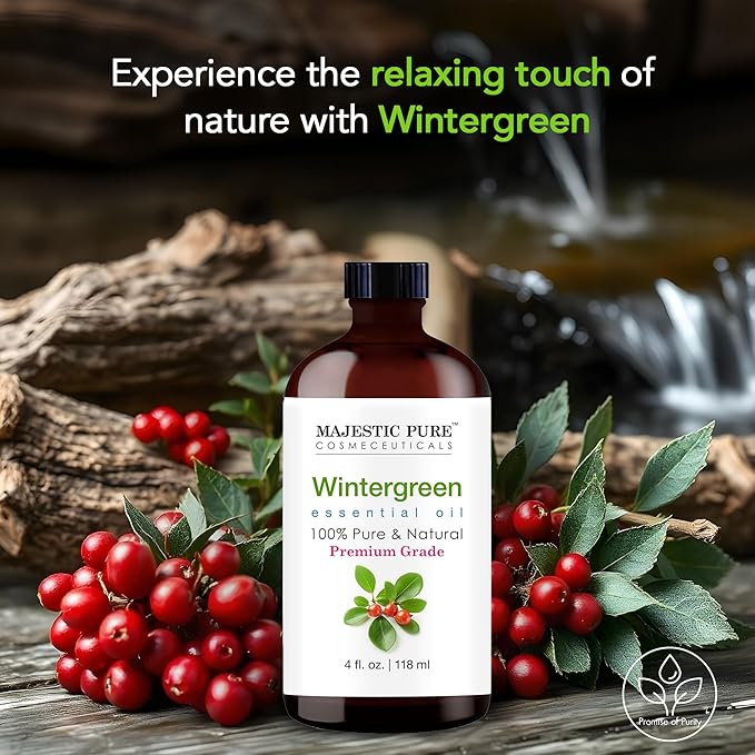 Majestic Pure Wintergreen Essential Oil with Glass Dropper - 4 Fl Oz - 100% Pure and Natural Wintergreen Oil - Premium Grade Essential Oils for Diffuser, Aromatherapy, Soap and Candle Making