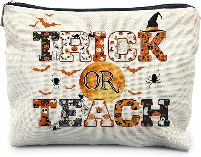 Halloween Makeup Bag for Teacher, Halloween Teacher Gifts for Women, Halloween Spider Bat Cosmetic Bags for Women, Funny Trick or Teach Makeup Pouch, Halloween Funny Makeup Bag