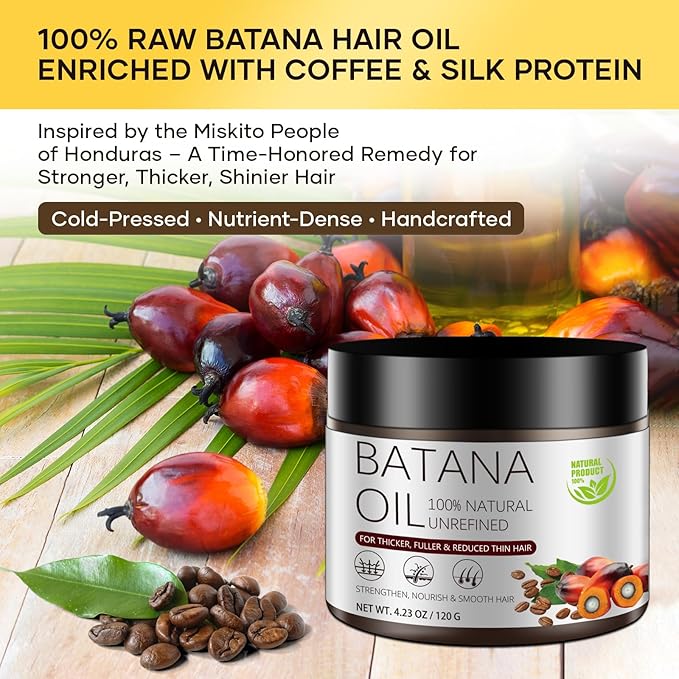 Batana Oil for Hair Growth, Cold-Pressed, Natural & Unrefined, Batana Oil for Dry Damaged Hair, Thinning Hair, Scalp Treatment for Men & Women, Frizz Control, Strength & Shine (4.23 Fl Oz)