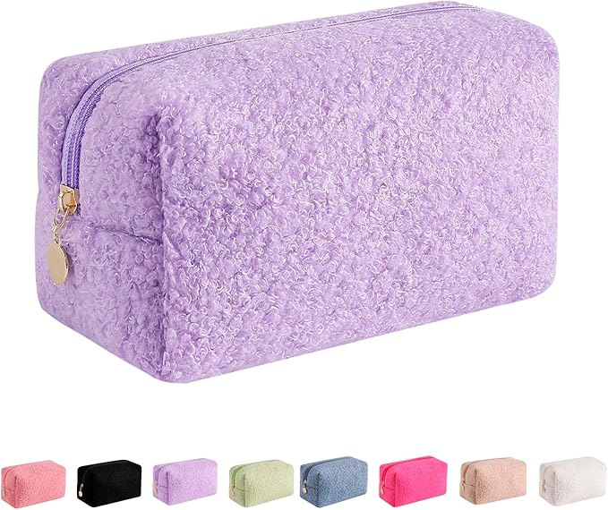 JOVAKIT Travel Makeup Bag Cosmetic Bag for Women, Fashion Christmas Gifts, Plush Zipper Make Up Pouch, Large Capacity Toiletry Organizer Makeup, Portable Storage Bag Trendy Stuff (Purple)