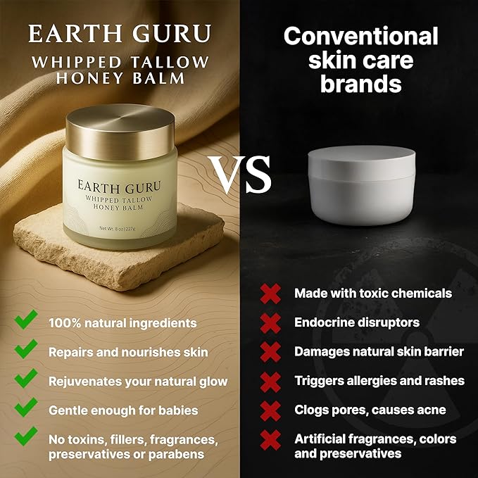 Earth Guru XL 8 OZ Whipped Beef Tallow for Skin,100% Natural Beef Tallow and Honey Balm, Face Moisturizer & Body Lotion Cream, Grass-Fed & Finished, Sebo De Res Para La Cara, Organic Olive Oil, Manuka