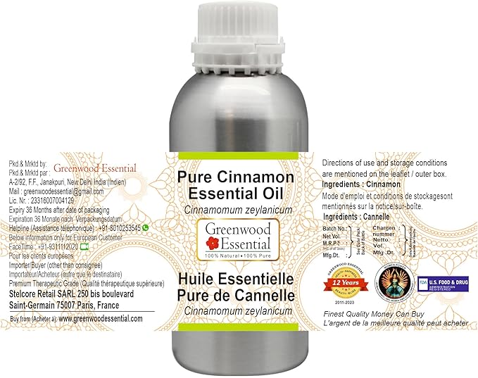 Greenwood Essential Pure Cinnamon Essential Oil (Cinnamomum zeylanicum) Steam Distilled 630ml (21.3 oz)