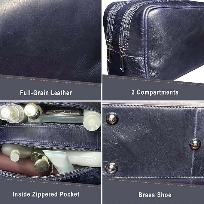 RUSTIC TOWN Leather Toiletry Bag for Men - Travel Shaving Ditty Kit - Bathroom Shower Toiletries Organizer - Leather Cosmetic Bag for Women (Oxford Blue)