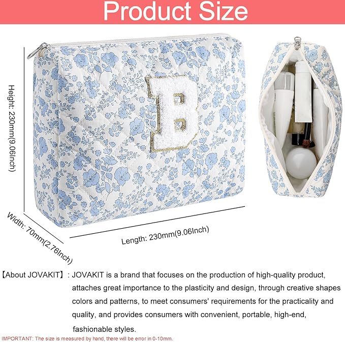 JOVAKIT Alphabet Makeup Bag Cosmetic Bag for Women, Christmas Gifts for Girls Age 6-18, Floral Flowers Coquette Travel Toiletry Zipper Make Up Pouch Organizer Trendy Stuff (2Pcs Blue Floral B)