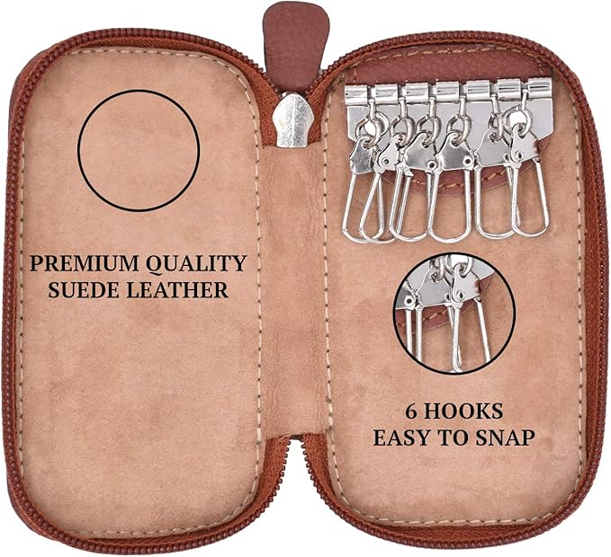Full Grain Genuine Leather Keychain Holder Pouch with 6 Key Holders Hook