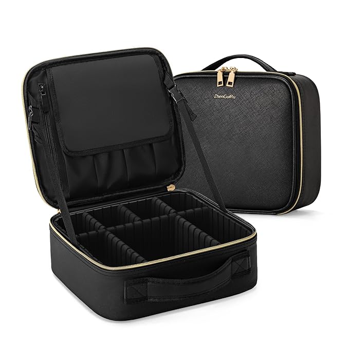 Travel Makeup Bag, Makeup Train Case, Portable Makeup Artist Organizer with Adjustable Dividers, Cosmetic Brush Holder Storeage