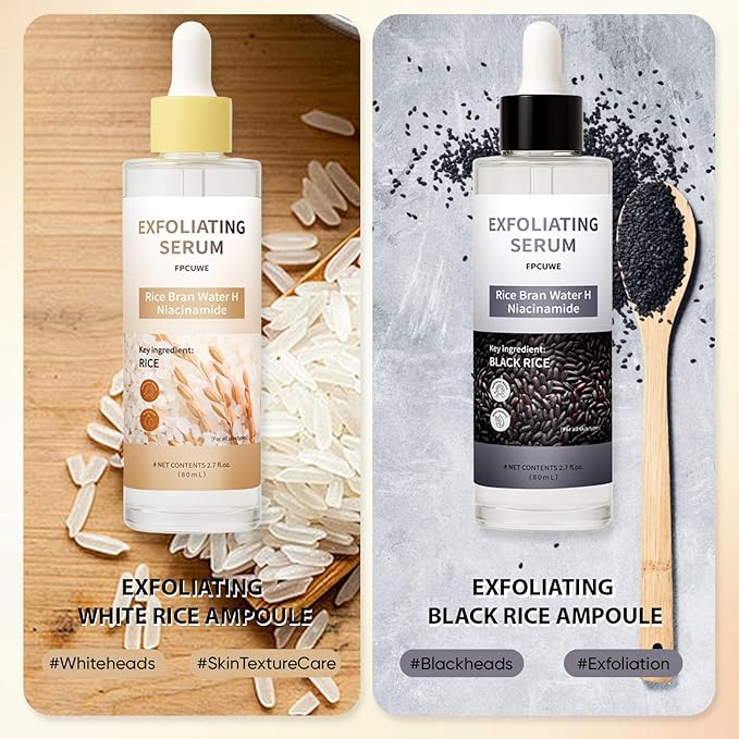 Peel Shot Glow Rice Ampoule Duo, Black & White Rice Exfoliating Ampoule for Gentle Peel + Pore Minimizing & Deep Hydration, Suitable for Face and Body (2)