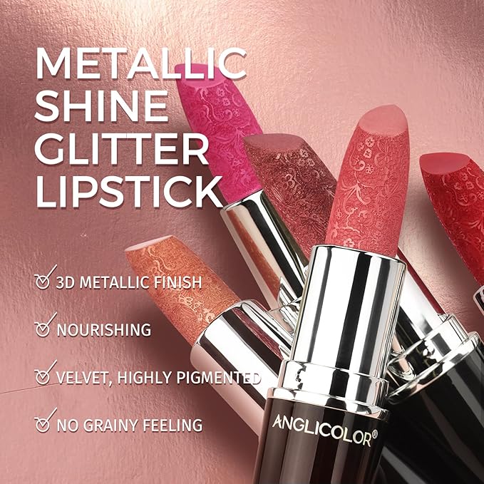 Anglicolor Glitter Metallic Plum Lipstick,High Impact Lipcolor,Lightweight Hydrating Formula Smooth and Non-Sticky,Rose Lipstick For Women,Full-Coverage Lip Makeup (03 LOVE PARTICLE, 4g)