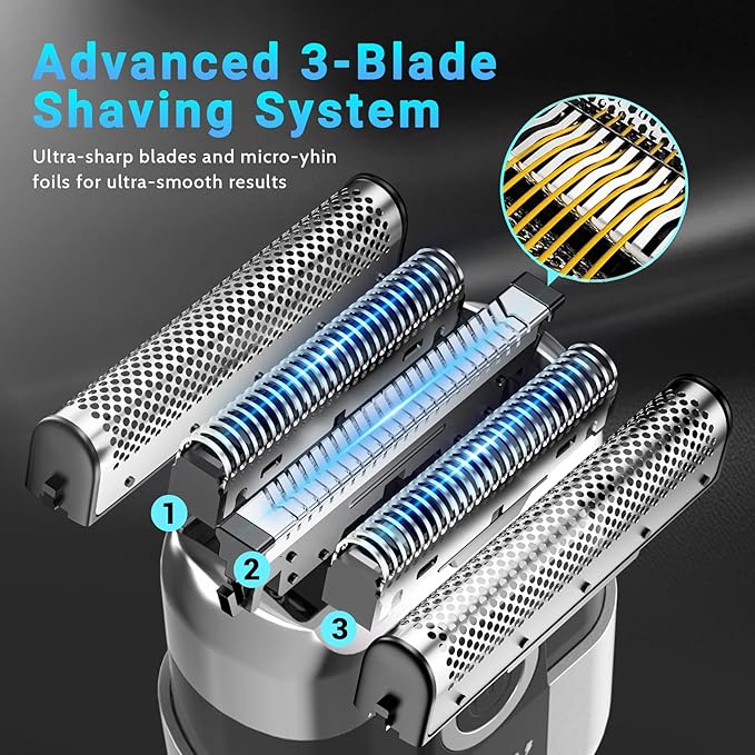 Electric Foil Shavers for Men: Mini Electric Razor, Foil Shaver for Face, IPX7 Waterproof Wet Dry Cordless Razor with 3 Floating Blades, LED Display for Travel & Home, USB Type C