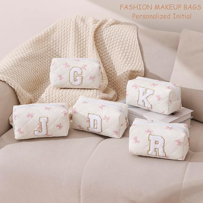 Gleyemor Personalized Initial Makeup Bag for Women, Cute Quilted Pink Floral Cotton Cosmetic Bag, Christmas Gifts for Her Mom Friend Sister Bridesmaid Teacher Women W
