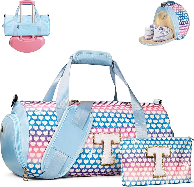 Sweet Gift for Teen, Girls Travel Duffel Bag, Kids Initial Overnight Bags with Shoe Compartment, Initial Duffle Bag with Makeup Pouch, 3 4 5 6 7 8 Year Old Girl Birthday Gifts (Letter T)