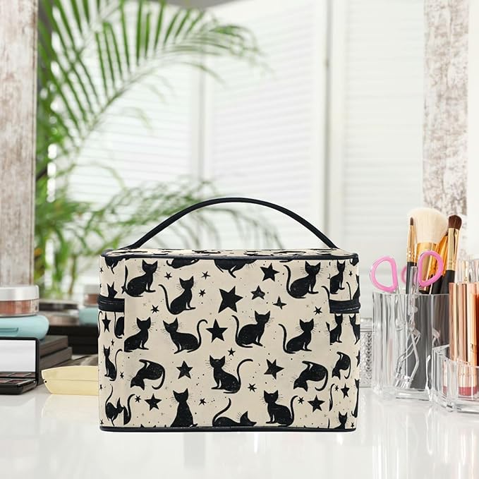 MNSRUU Makeup Bags, Black Cat Stars Makeup Organizer Bags Toiletry Bag Box Travel Cosmetic Bag Make Up Train Case for Women Teen Girl Ladies