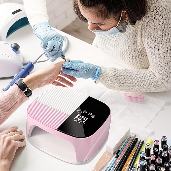 LIMEGIRL UV LED Nail Lamp Kit for Gel Polish Professional Fast Curing Pink Dryer Light Set with 45PCS Lamp Beads and Gloves and Auto Sensor Cordless Rechargeable Nail Art Cure Machine for Manicure