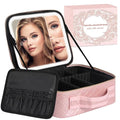 Makeup Bag with LED Lighted Mirror| Portable Makeup Organizer Train Case with 2X/3X Magnification & 3 Color Lights for Precision, Adjustable Brightness| Elegant Gift Packaging, Gift for Women, Pink