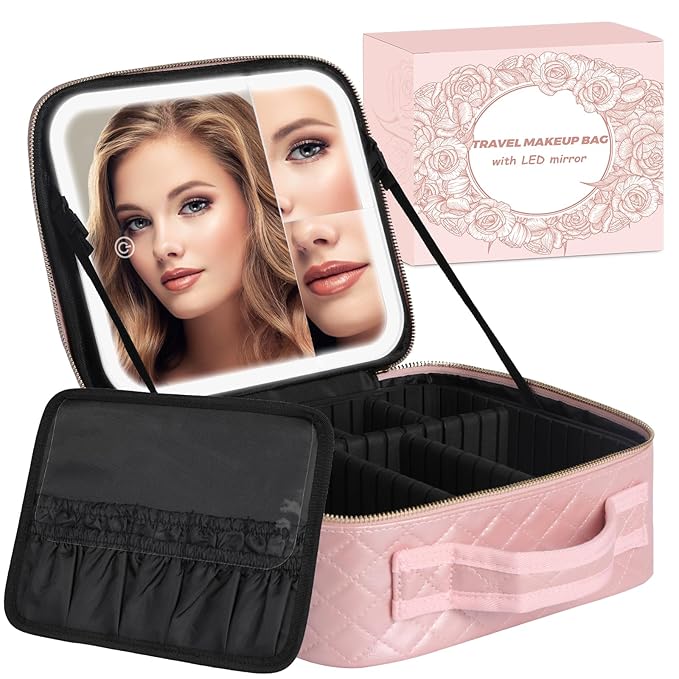 Makeup Bag with LED Lighted Mirror| Portable Makeup Organizer Train Case with 2X/3X Magnification & 3 Color Lights for Precision, Adjustable Brightness| Elegant Gift Packaging, Gift for Women, Pink
