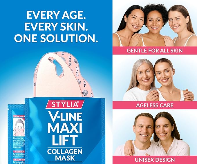 Stylia MaxiLift V-Line Lifting Collagen Face Mask - Advanced Double Chin Reducer - Jawline Shaper - Neck Firming and Tightening Mask with Hyaluronic Acid & Aloe Vera - Chin Strap for Sleeping (5PC)