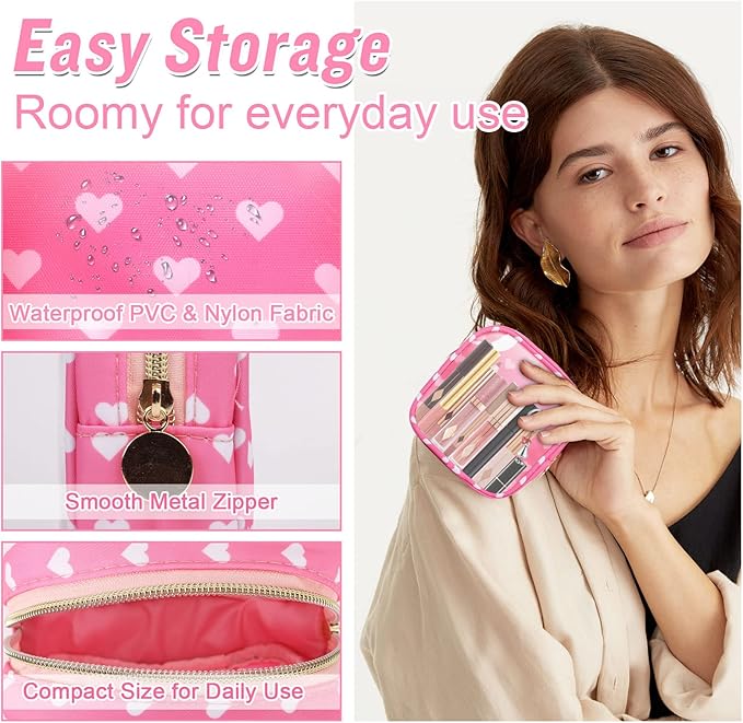 Mini Clear Travel Makeup Organizer Bag for Purse, Small Cute Preppy Pink Makeup Bag Cosmetic Zipper Pouch Purse, Transparent PVC & Nylon Waterproof Toiletry Storage Clutch for Women Girls(Pink Heart)
