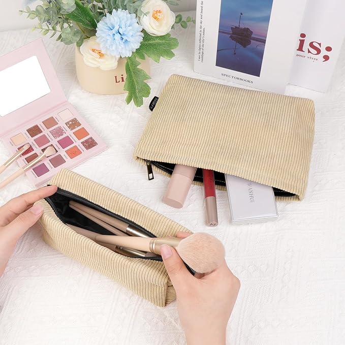 MAGEFY Small Makeup Bag, 2 PCS Corduroy Make up Bag for Purse Large Capacity Travel Cosmetic Bag for Women Zipper Makeup Pouch for Travelling Preppy Stuff - Beige