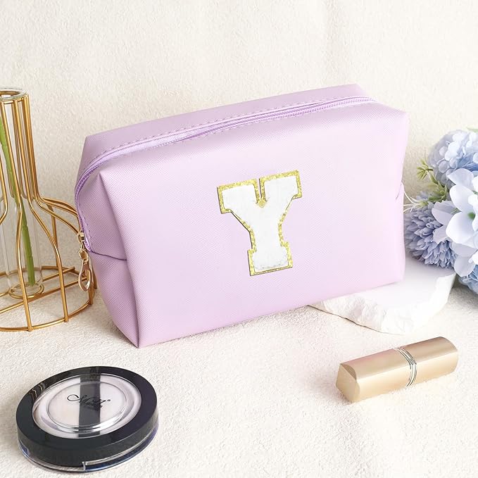 Gifts for Girls Initial Makeup Bag Personalized Cosmetic Bag with Zipper Cute Travel Toiletry Bag Waterproof PU Preppy Makeup Pouch Birthday Gift for Teen Girls Women(Purple Y)