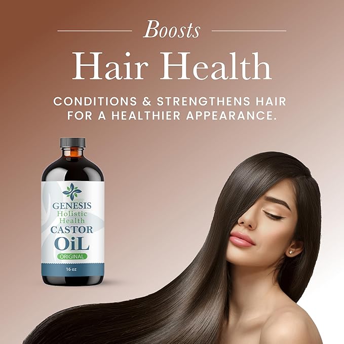 Genesis Holistic Health Organic Castor Oil – 100% Pure, Cold Pressed, Hexane Free – Nourishing Hair & Skin Oil – Eyelash & Eyebrow Growth, Deep Moisturizer – 16 oz Glass Bottle