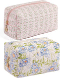 Makeup Bag Travel Cosmetic Bag for Women Girls, Zipper Make Up Pouch, Floral Flowers Toiletry Organizer Makeup, Portable Storage Bag, Cosmetic Travel Cloth Bag (Pink+Large Blue Flowers)
